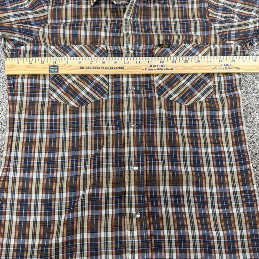 Vintage Lee Mens Plaid Western Pearl Snap Shirt Brown Blue Made in USA Medium